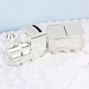 Engraved Silver Plated Train Money Box with Tooth & Curl Pot