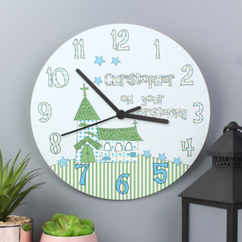 Wooden Personalised Christening Clock Church Design For Boy