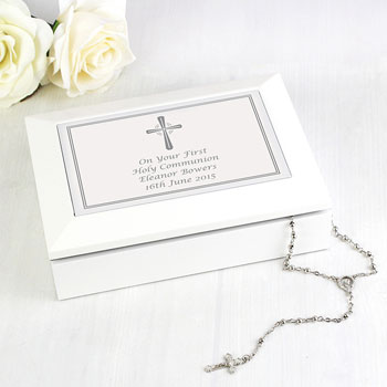 Personalised Silver Cross Wooden Communion Jewellery Box