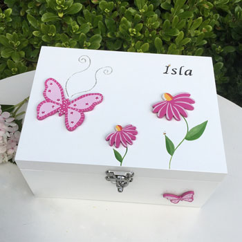 Girl's Butterfly & Daisies Personalised Wooden Keepsake Box