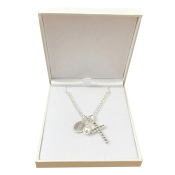 Engraved First Holy Communion Necklace with Cross and Pearl