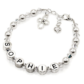 Girl's Personalised Pewter and Pearls Name Bracelet