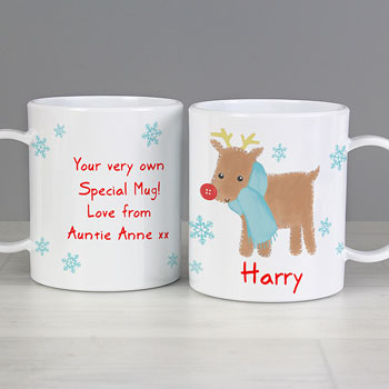 Personalised Felt Stitch Reindeer Plastic Christmas Mug