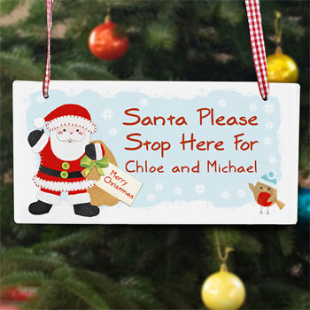 Felt Stitch Santa Stop Here Personalised Wooden Sign