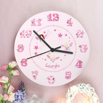 Girl's Pink Personalised Wooden Fairy Nursery Clock