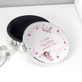 Girl's Personalised Fairy Round Silver Trinket Box