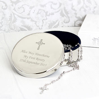 Rosary Beads and Engraved Cross Round Trinket Box