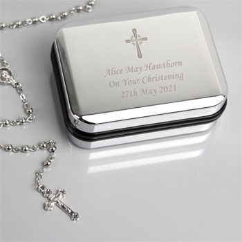 Silver Rosary Beads & Personalised Engraved Cross Rosary Box