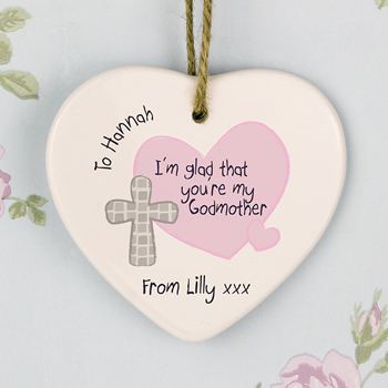 Personalised Godmother Pink Ceramic Heart Decoration