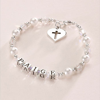 Girl's Pearl Christening Name Bracelet with Silver Heart
