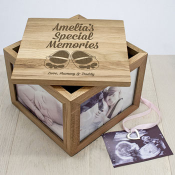 Personalised Baby Shoes Oak Photo Keepsake Box