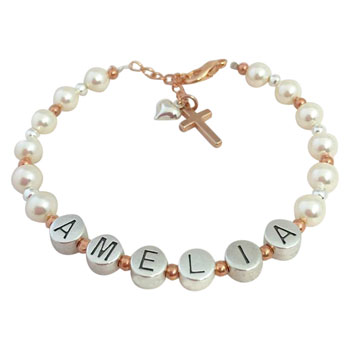 Pearl, Pewter and Rose Gold Name Bracelet With Cross