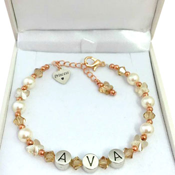 Pearl and Rose Gold Butterfly Princess Name Bracelet