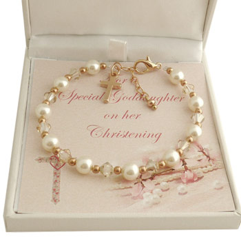 Preciosa Pearl Crystal and Rose Gold Christening Bracelet