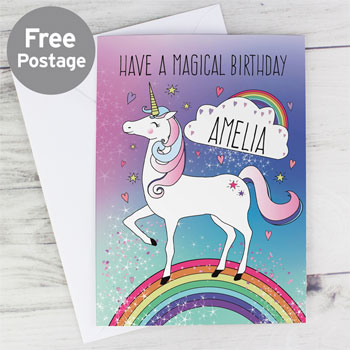 Personalised Girl's Pink Unicorn & Rainbow Birthday Card