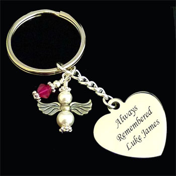Engraved Memorial Keyring with Birthstone and Pearl Angel