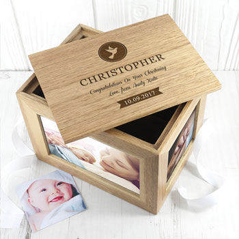 Personalised Christening Cross or Dove Oak Photo Cube