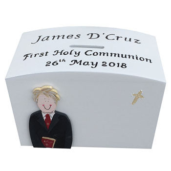 Personalised First Holy Communion Wooden Money Box for a Boy