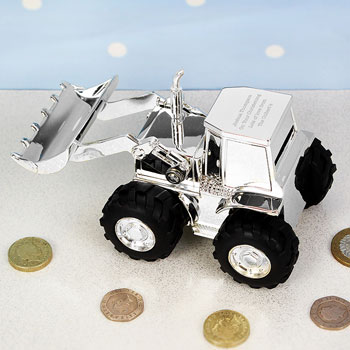 Boy's Personalised Engraved Silver Plated Digger Money Box