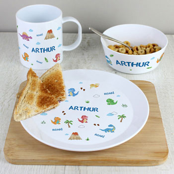 Personalised Dinosaur 3 Piece Plastic Breakfast Set