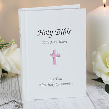 Girl's Personalised Pink Cross Christening Communion Bible