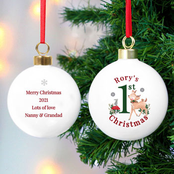 Kids Personalised 1st Christmas Festive Fawn Ceramic Bauble