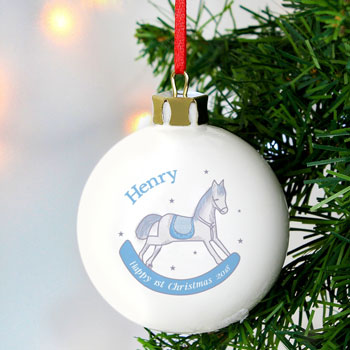 Personalised 1st Christmas Blue Rocking Horse Ceramic Bauble