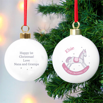 Personalised 1st Christmas Pink Rocking Horse Ceramic Bauble