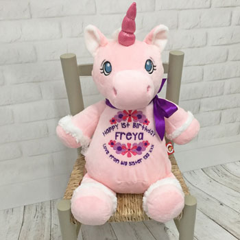 Personalised Embroidered First Birthday Pink Unicorn Toy