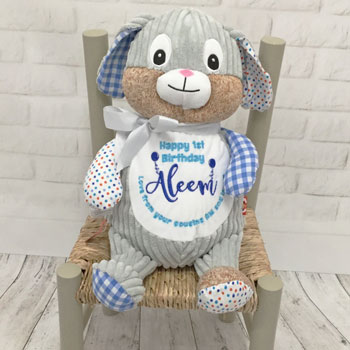 Personalised Embroidered Cubbies Blue Birthday Bunny