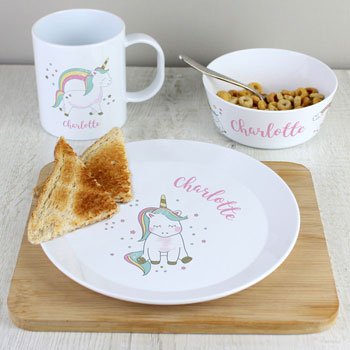 Personalised Unicorn Girl's Plastic Breakfast Set