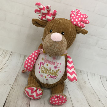 Personalised First Christmas Cubbies Pink Reindeer Toy