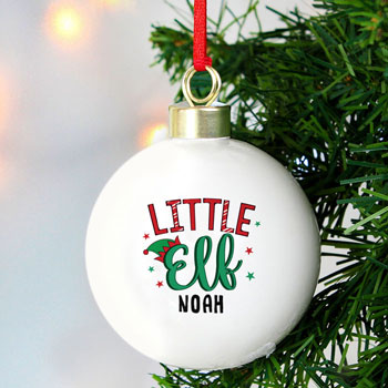 Kid's Personalised Ceramic Little Elf Christmas Tree Bauble