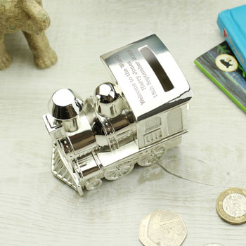 Personalised Engraved Silver Plated Train Babies Money Box