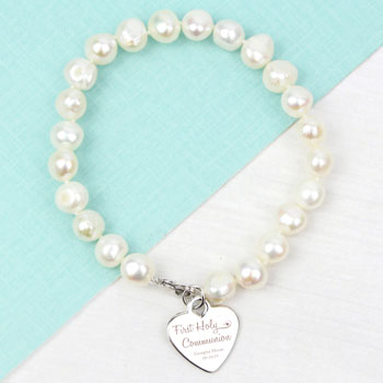Girl's Personalised 1st Holy Communion White Pearl Bracelet