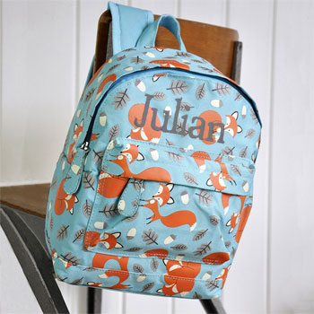 Children's Blue Personalised Fox Backpack School Nursery Bag