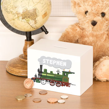 Traditional Personalised White Wooden Steam Train Money Box