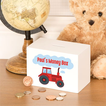 Personalised Wooden Red Tractor Money Box