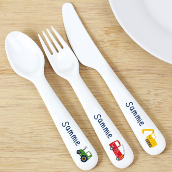 Boy's Personalised Vehicles Plastic Toddler Cutlery Set