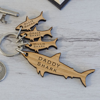 Personalised Wooden Shark and Baby Sharks Key Ring
