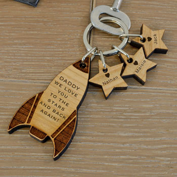Personalised Wooden Rocket and Stars Key Ring