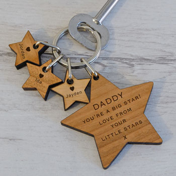 Engraved Big Star and Little Stars Wooden Key Ring