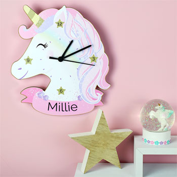 Girl's Personalised Pink & White Unicorn Shaped Wooden Clock
