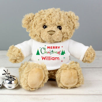 Child's Personalised Merry Christmas Teddy Bear In Tee Shirt
