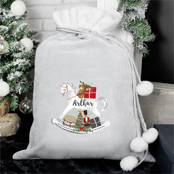 Silver Personalised Rocking Horse Childrens Christmas Sack