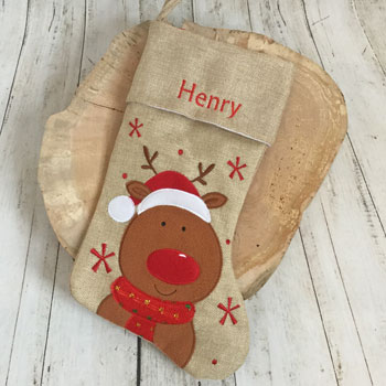 Personalised Hessian Reindeer Childrens Christmas Stocking