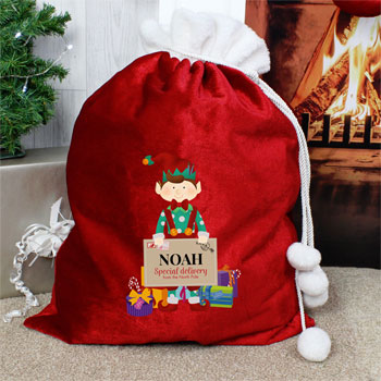 Children's Personalised Christmas Elf Luxury Pom Pom Sack