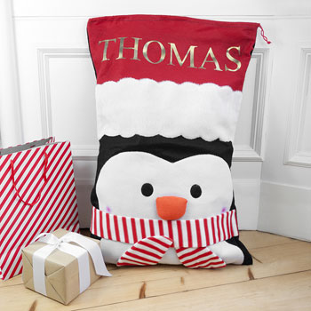 Children's Personalised Penguin Santa Sack Present Bag