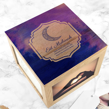 Personalised Pink or Blue Eid Mubarak Oak Keepsake Box
