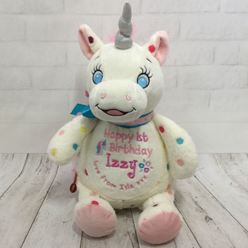 Baby Girl's Personalised First Birthday White Unicorn Teddy
